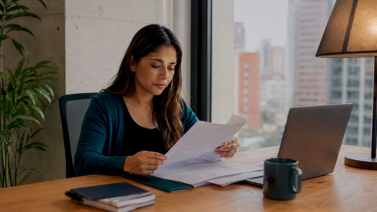 Mujer revisando y ordenando sus documentos de inmigración