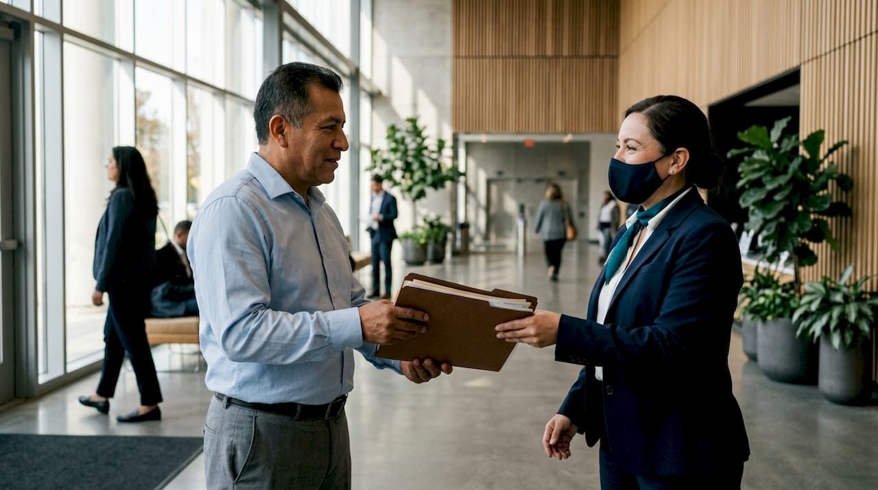 Persona entregando papeles en la ventanilla de la oficina