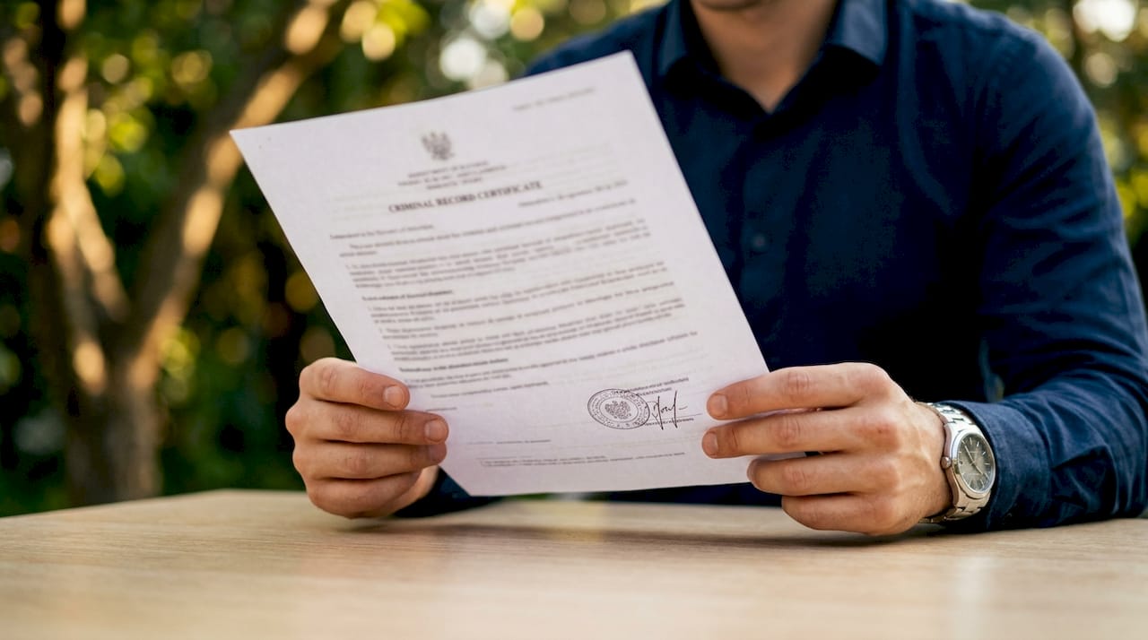 Unas manos mostrando un certificado de antecedentes