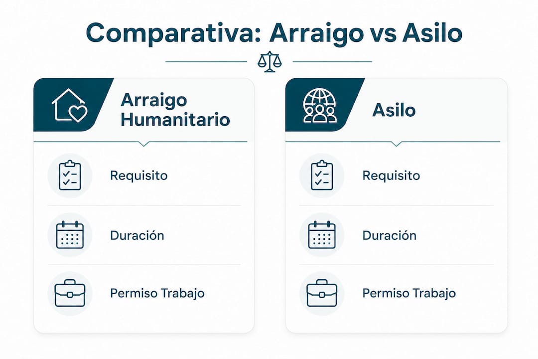 Infografía sobre las diferencias entre el arraigo humanitario y la solicitud de asilo