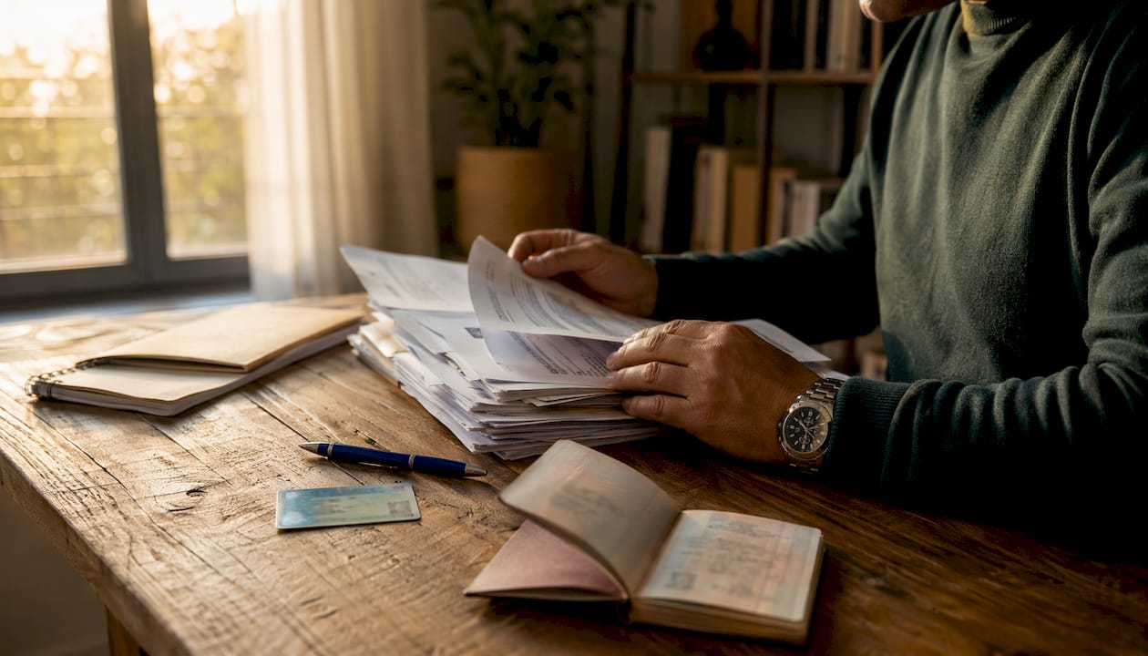 Unas manos revisan y ordenan papeles de trámites migratorios sobre el escritorio.