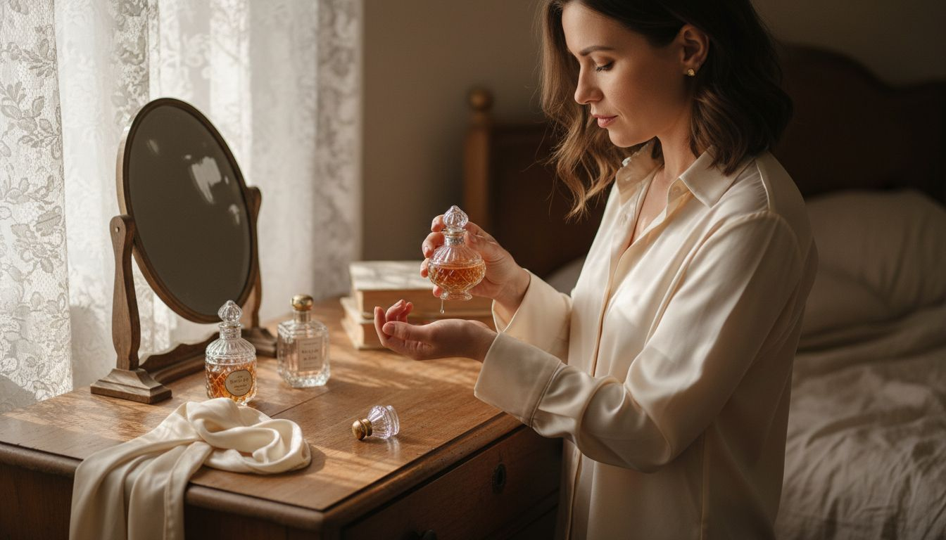 Une femme teste un parfum oriental devant sa coiffeuse à la maison.