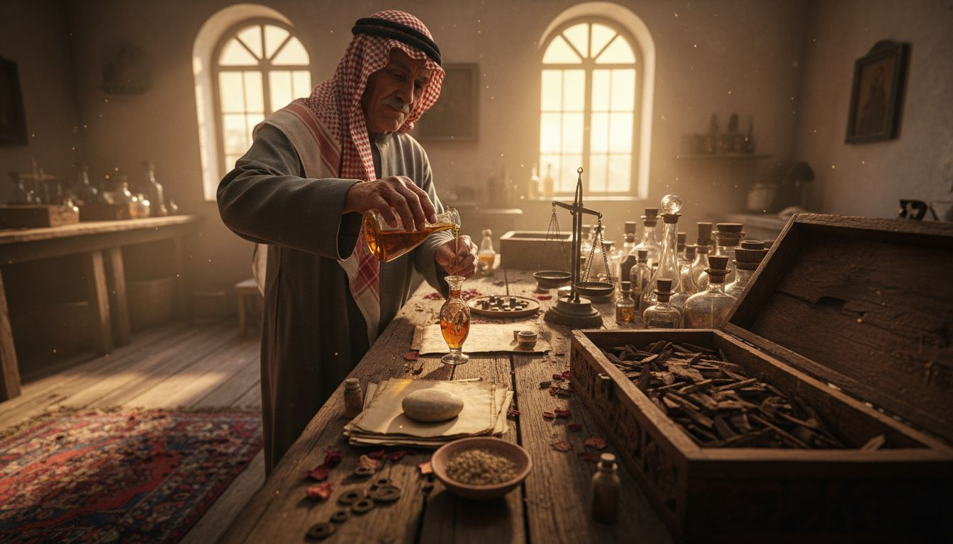 An Arabian perfumer carefully pours fragrant oil in his workshop, surrounded by exquisite essences and a mystical atmosphere.
