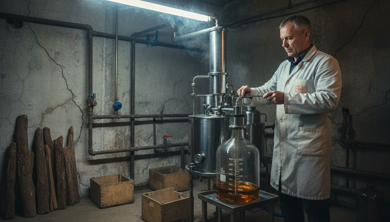 The process of extracting essential oil from oud, performed by an experienced technician