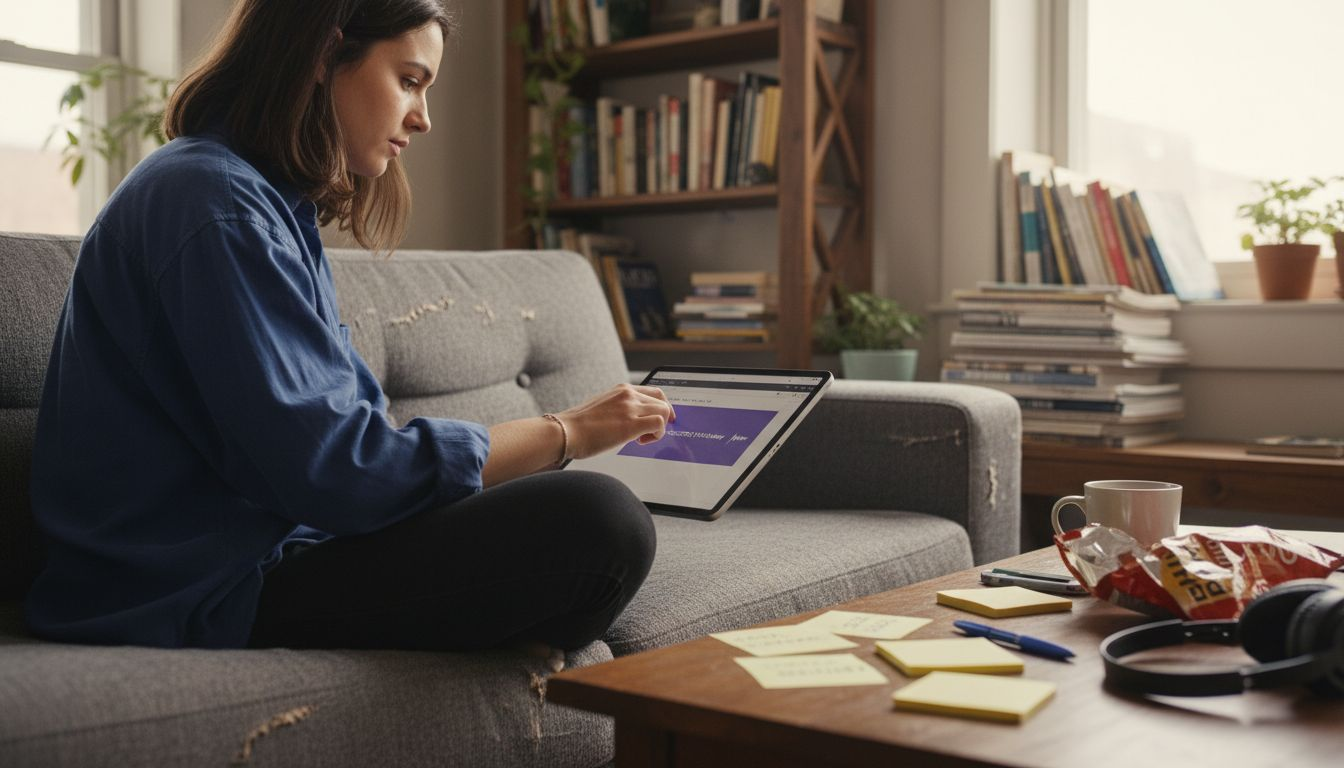 Author editing multimedia story on tablet