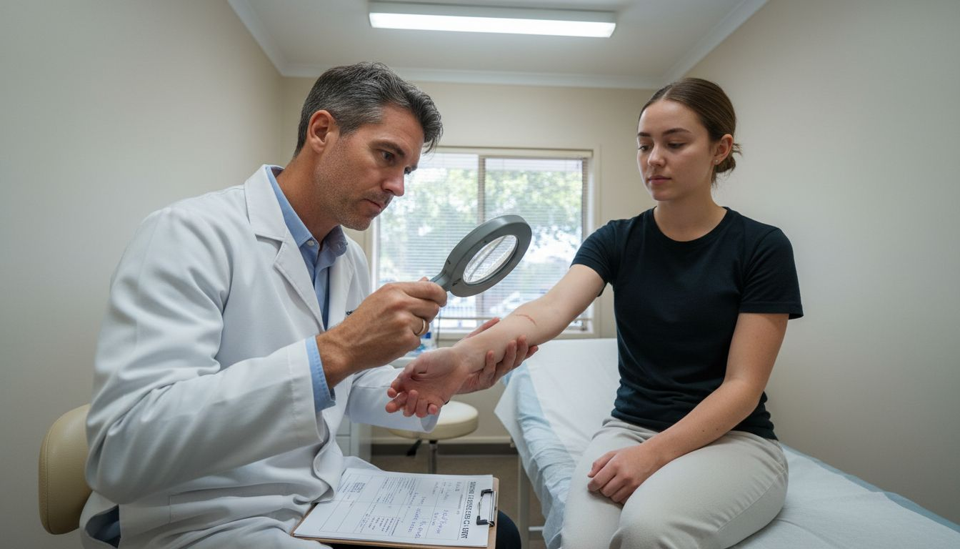 Dermatologist assessing patient’s skin for laser