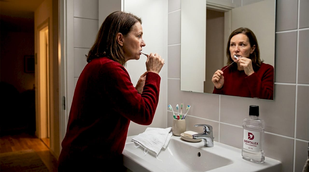 Una donna si lava i denti nel bagno di casa.