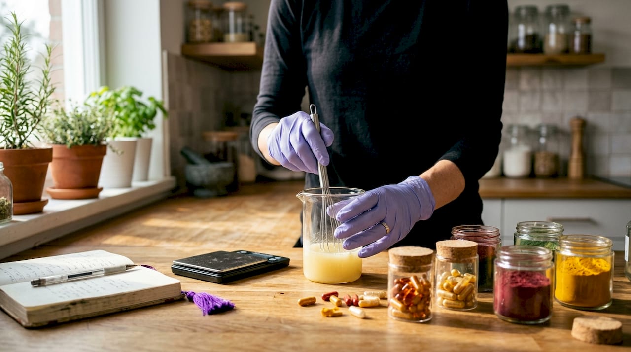 Lab hands preparing digestive enzymes with supplements