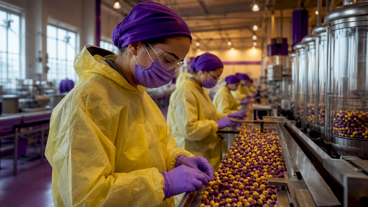 Supplement capsules moving on factory production line