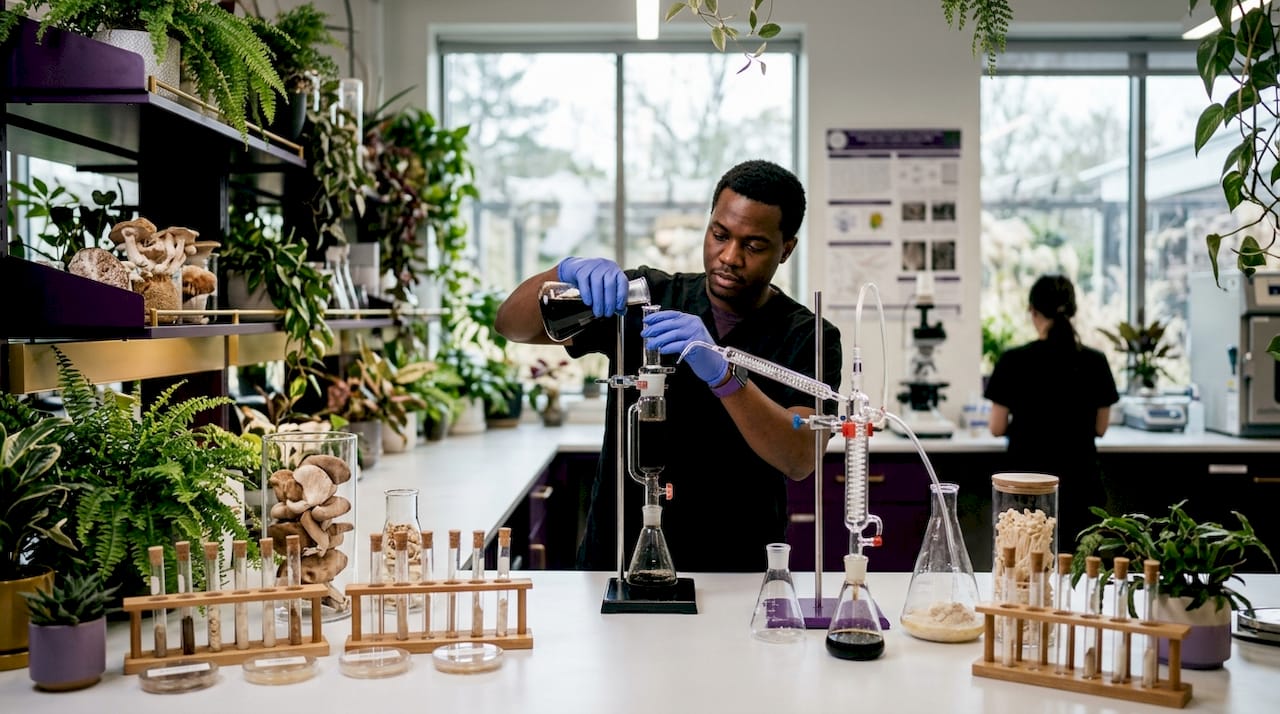 Lab technician handling mushroom extract flask