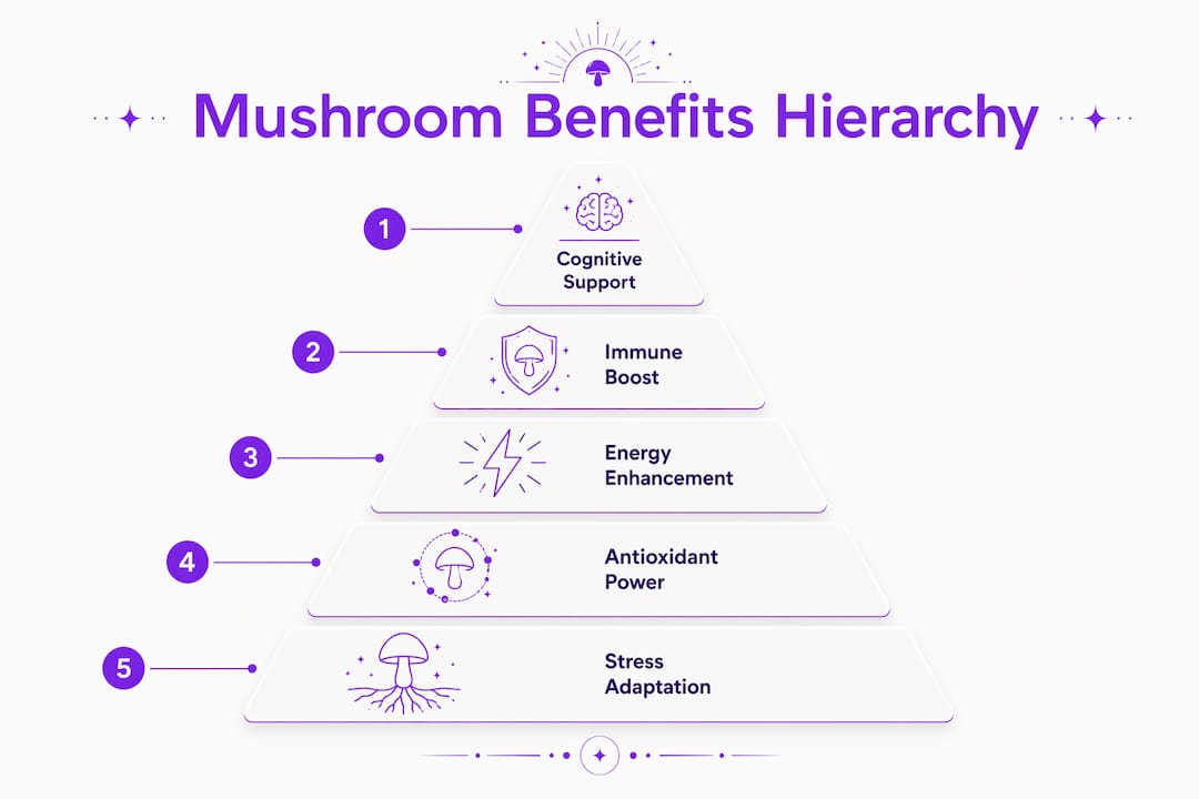 Infographic showing hierarchy of mushroom supplement benefits