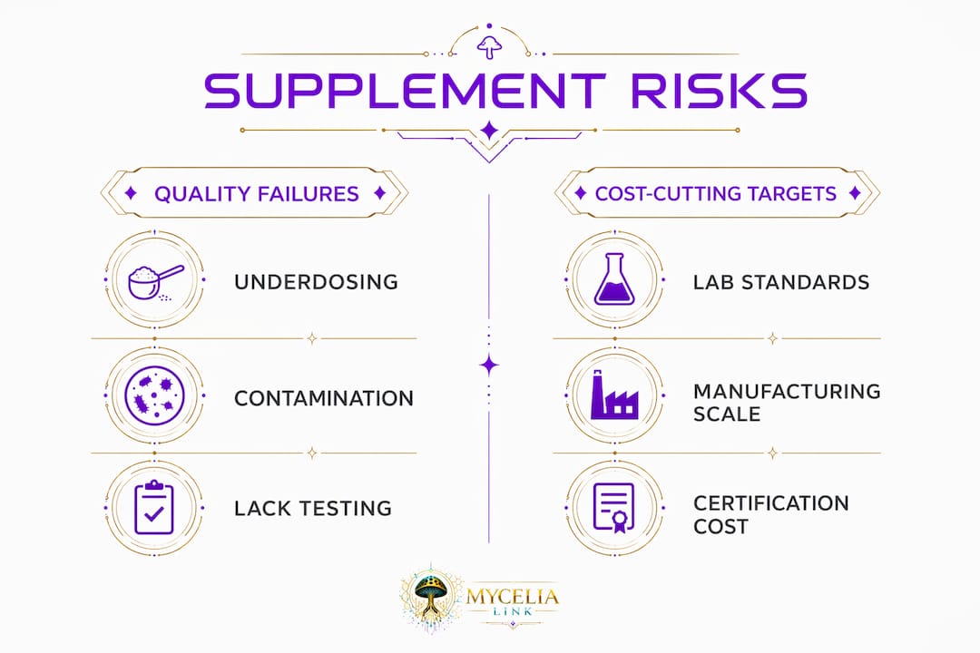 Infographic comparing supplement quality failures and cost-cutting