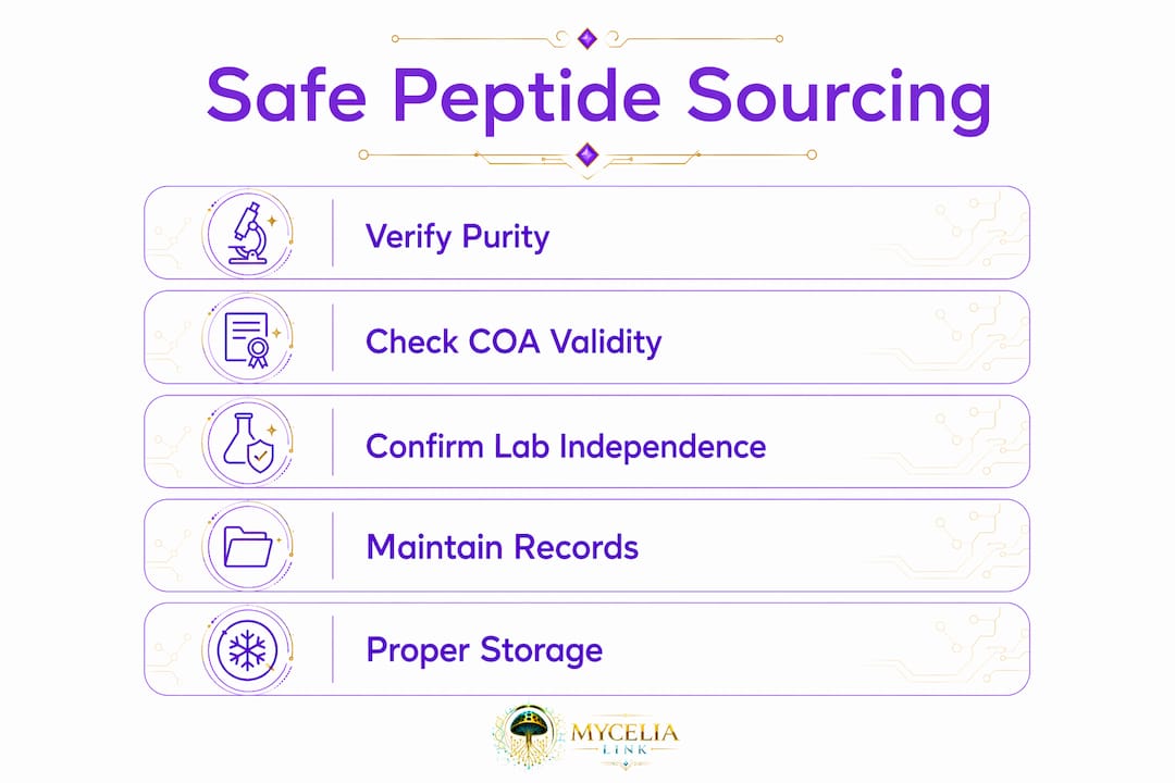 Infographic illustrating steps for safe peptide sourcing