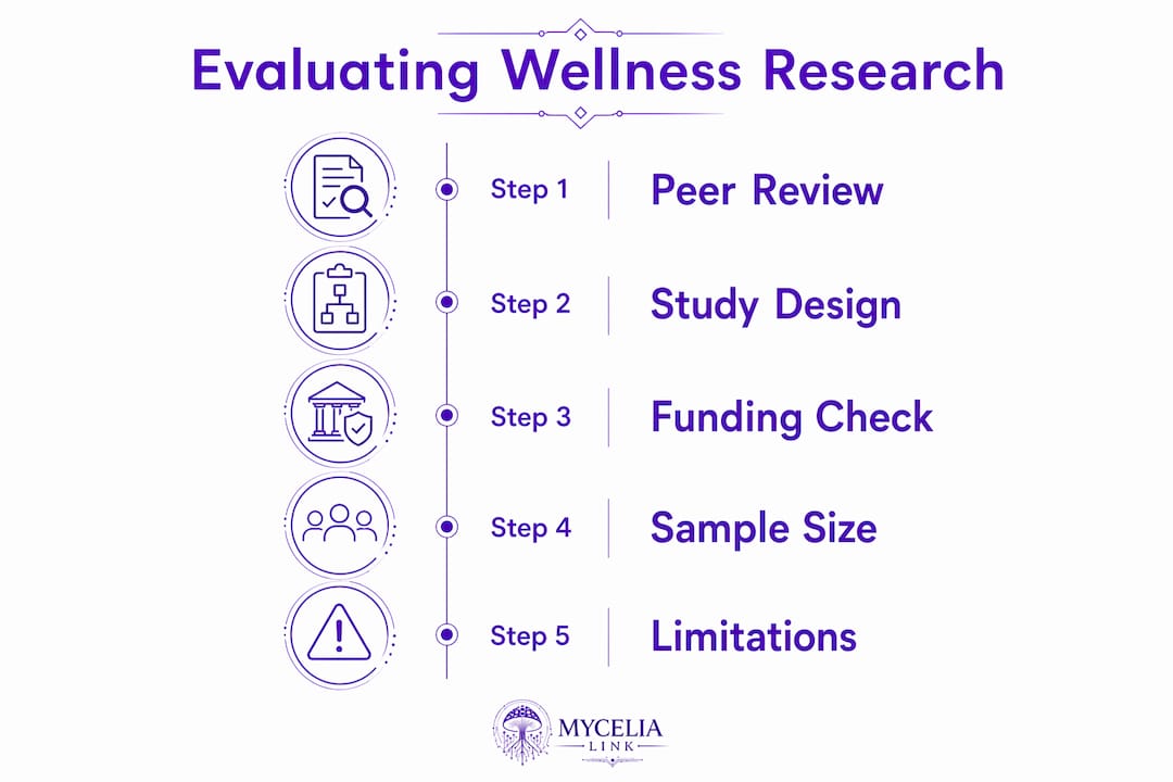 Infographic outlining steps to evaluate wellness research credibility