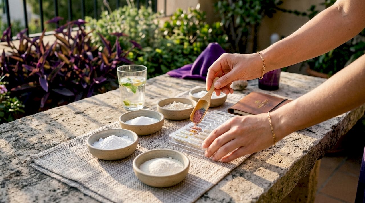 Hands scooping supplement filler powders into capsules