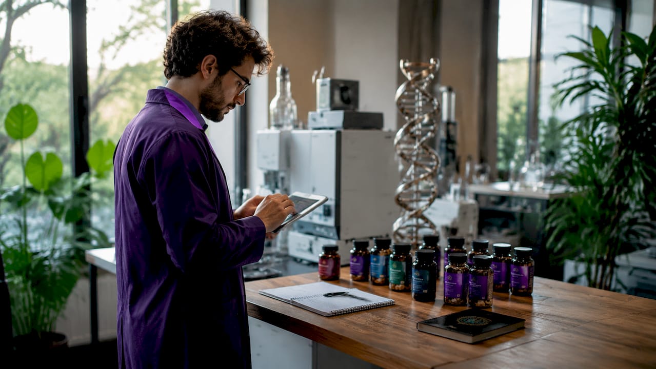 Researcher reviewing vitamins and clinical data