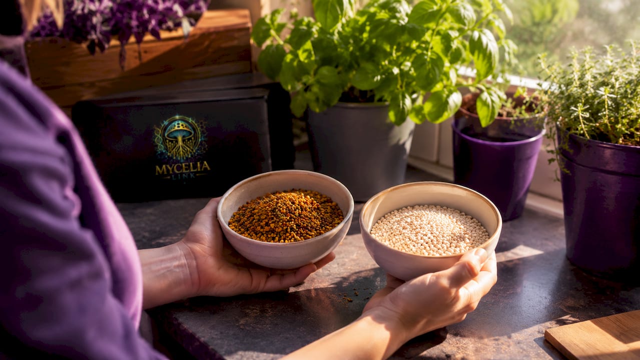 Hands comparing whole food and synthetic supplements