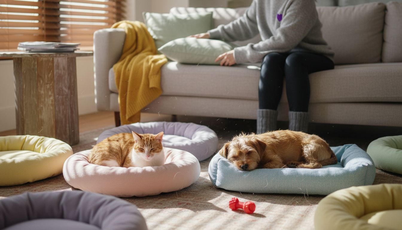 Cat and dog relaxing on colored pet beds