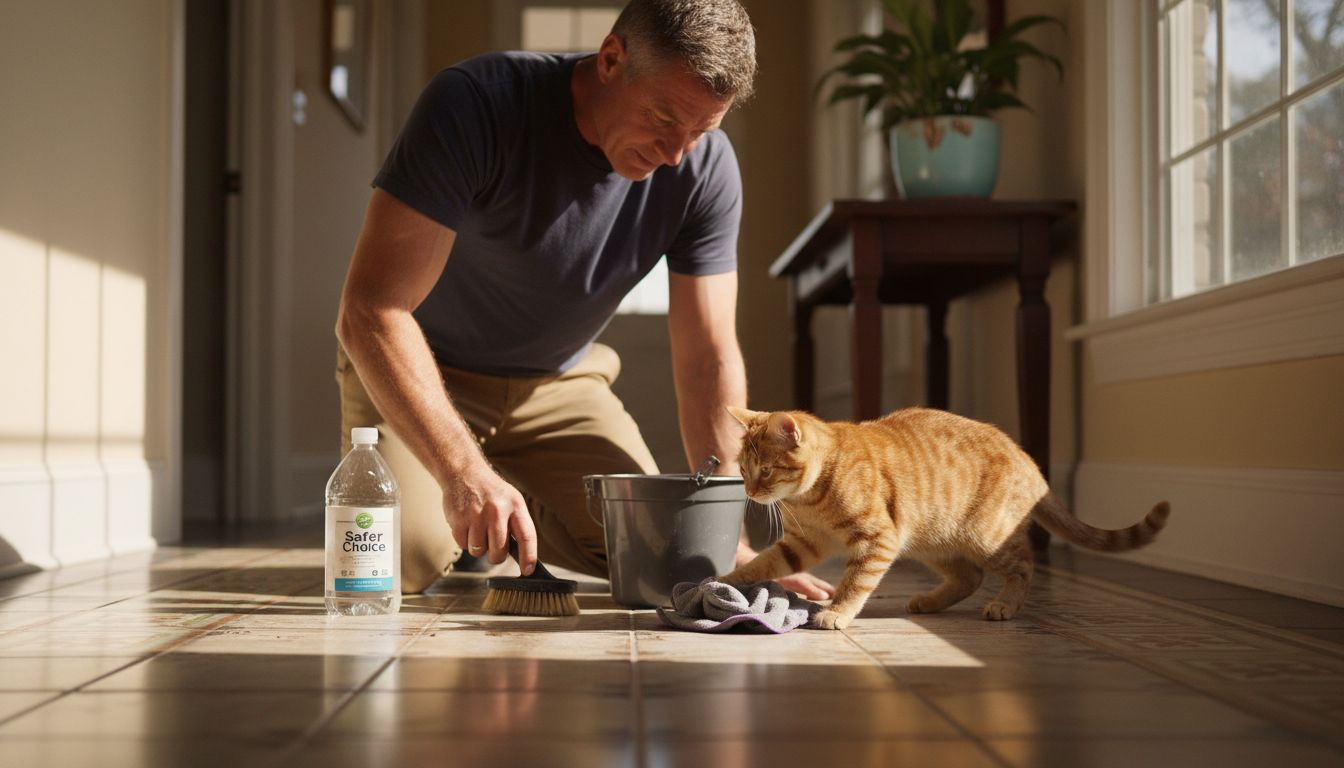 Man cleaning floor near curious cat