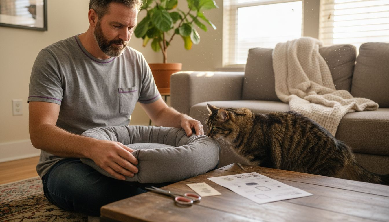 Person examining pet bed for comfort and safety