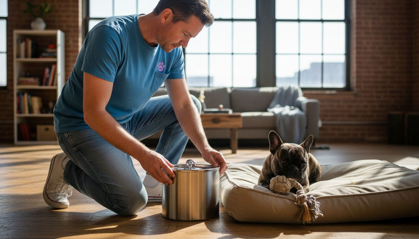 Man checks pet bed and water fountain durability