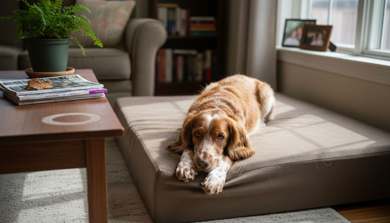 Spaniel on memory foam pet bed in living room