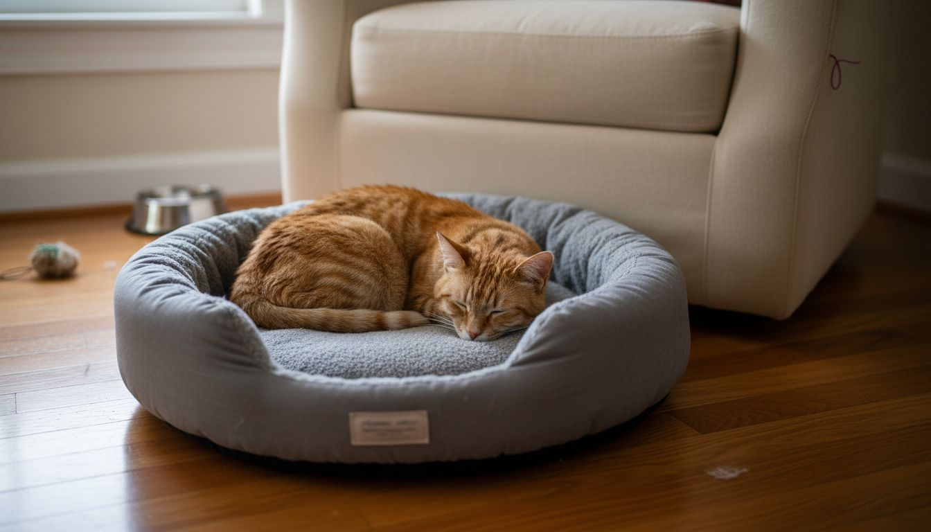 Cat on memory foam pet bed near armchair