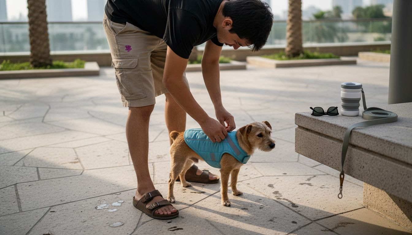 Owner prepping dog with cooling vest for Dubai heat