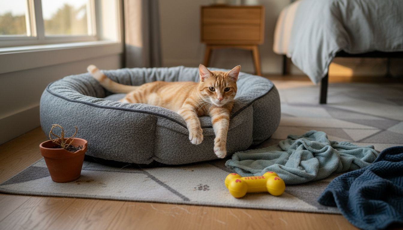 Cat on ergonomic pet bed in bedroom nook