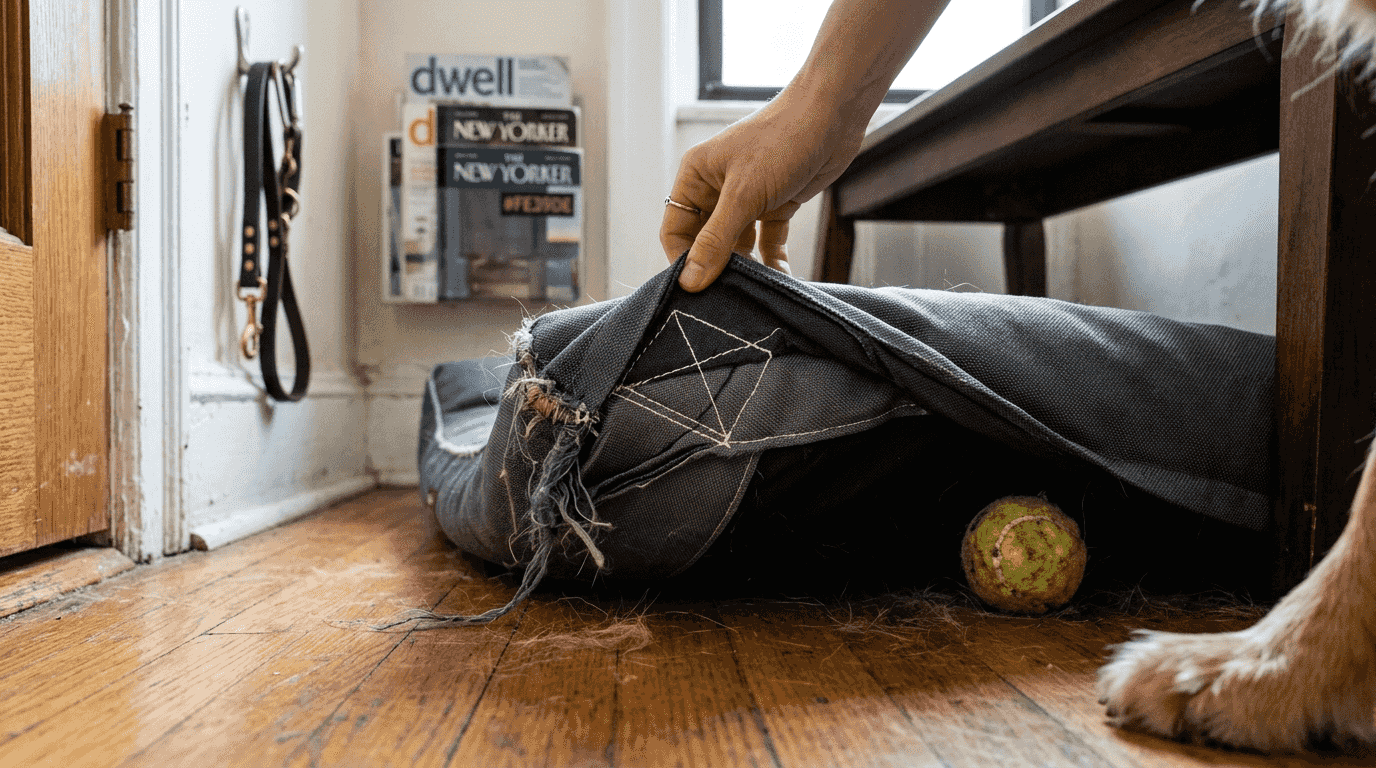 Pet bed showing stitching and durable fabric details