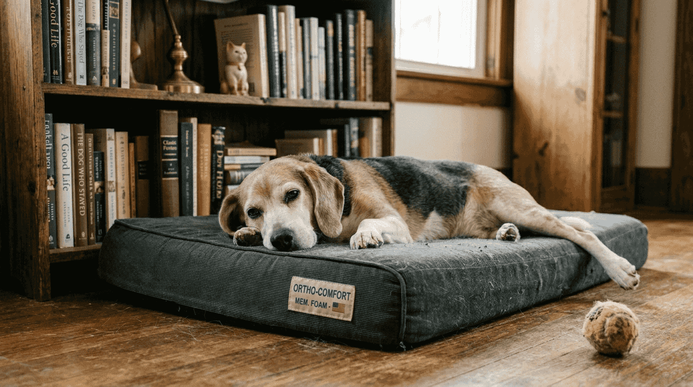 Senior beagle resting on orthopedic dog bed