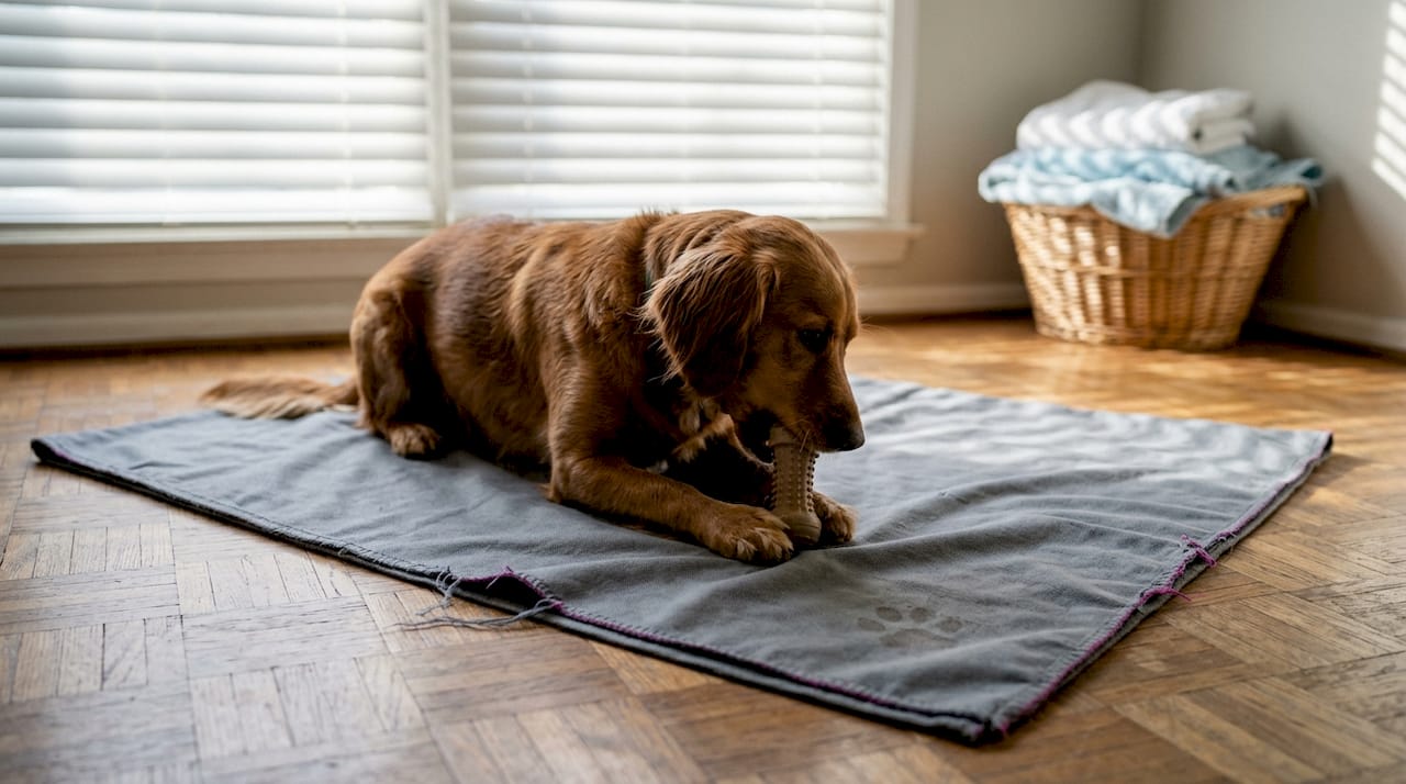 Dog using synthetic fabric blanket at home