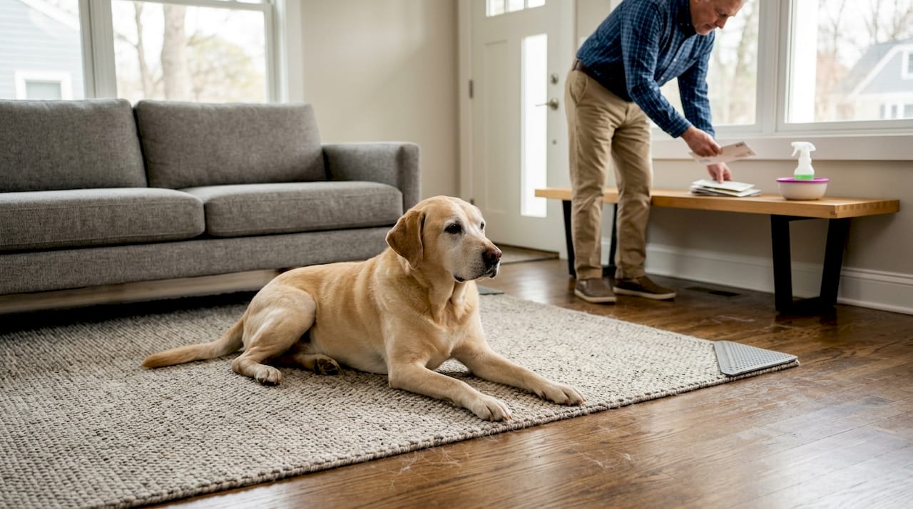 Senior dog resting on slip-proof rug