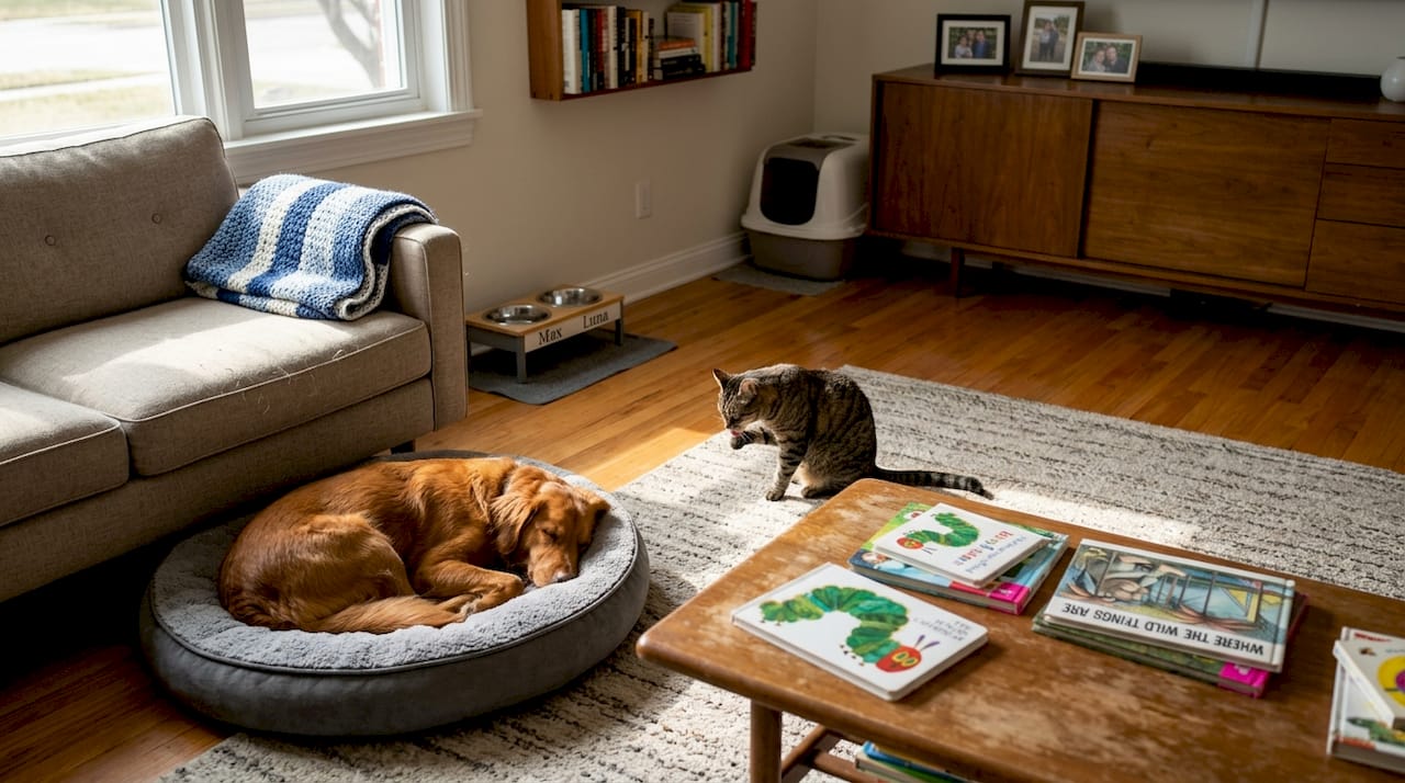 Pet-friendly living room with dog bed and feeding station