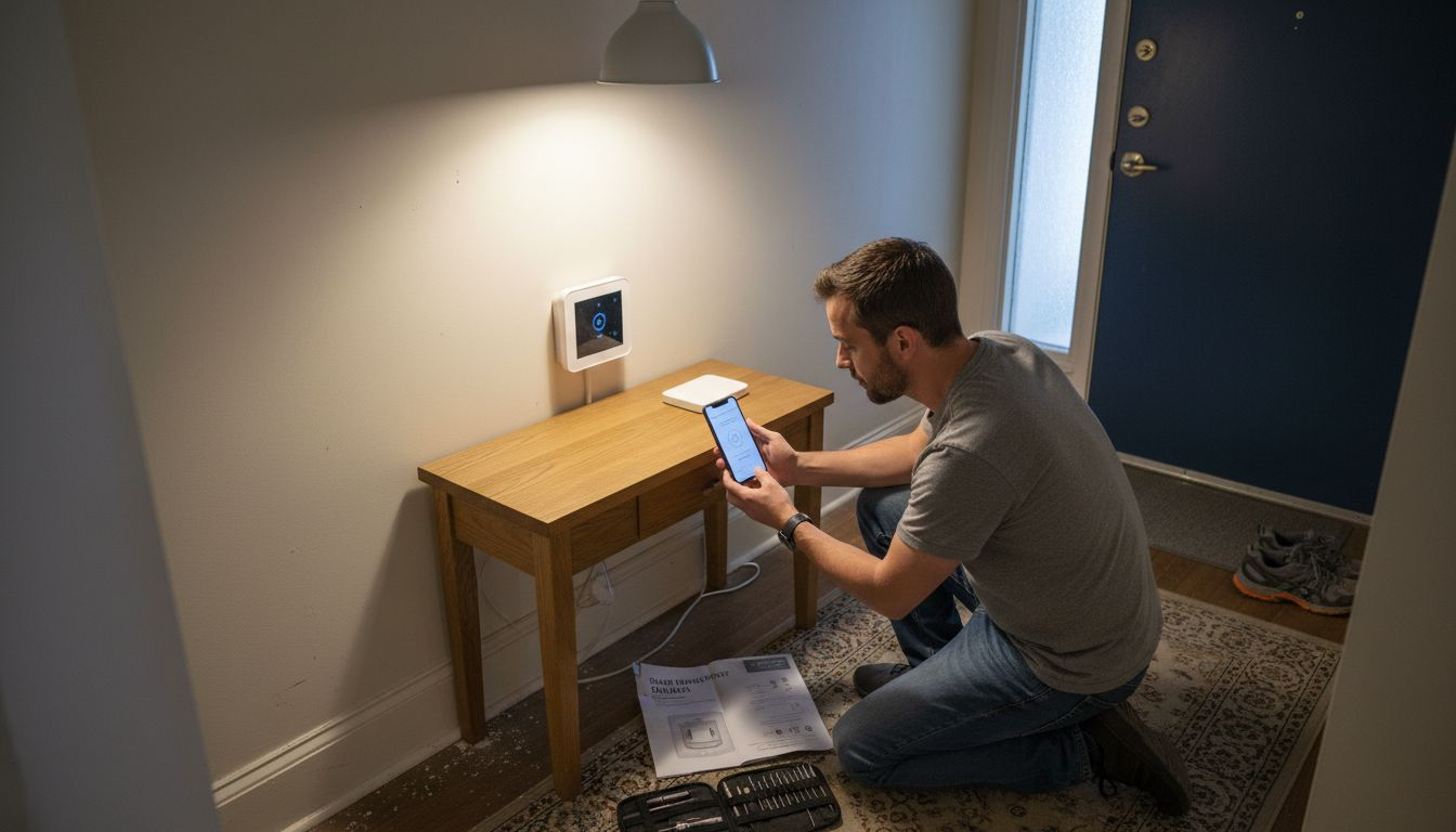 Man installing smart home thermostat device