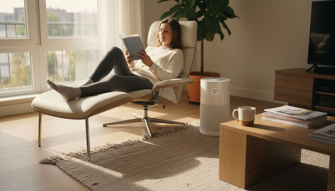 Woman relaxing in wellness-focused living room
