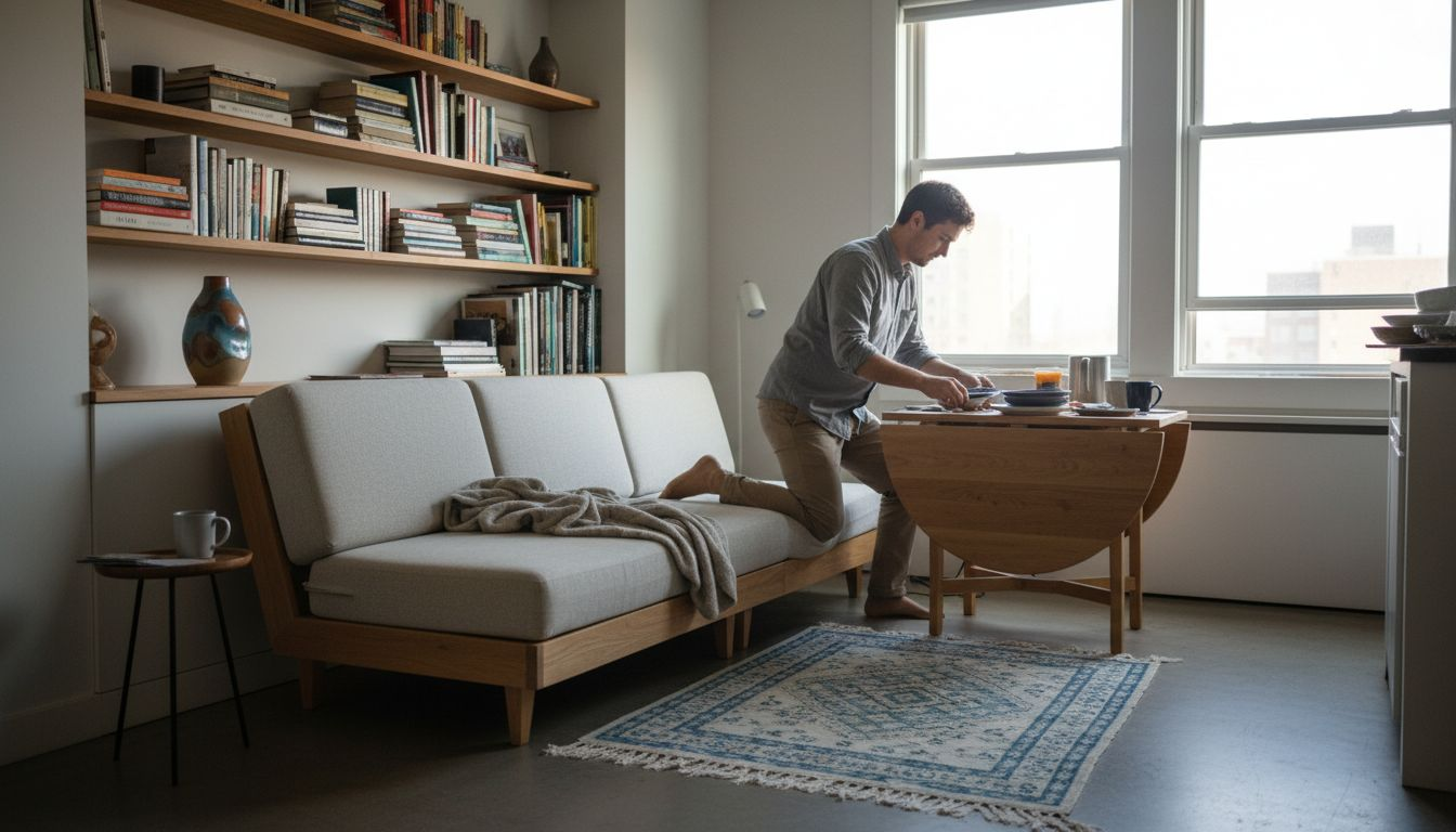 Small urban studio with convertible contemporary furniture