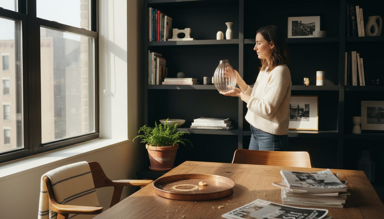 Woman selecting home accessories in city apartment