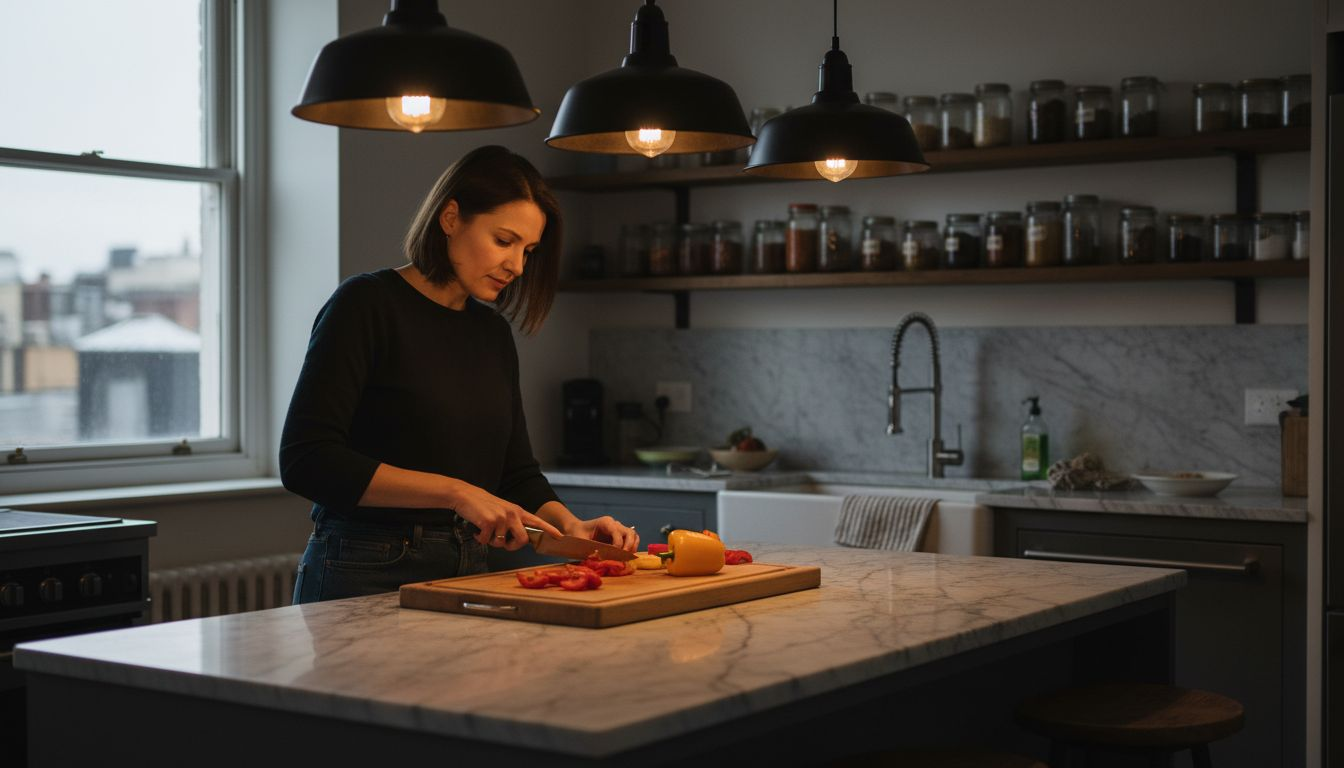 Woman uses pendant lights in kitchen