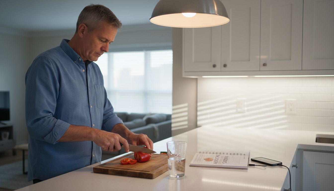 LED bulbs illuminating modern kitchen workspace