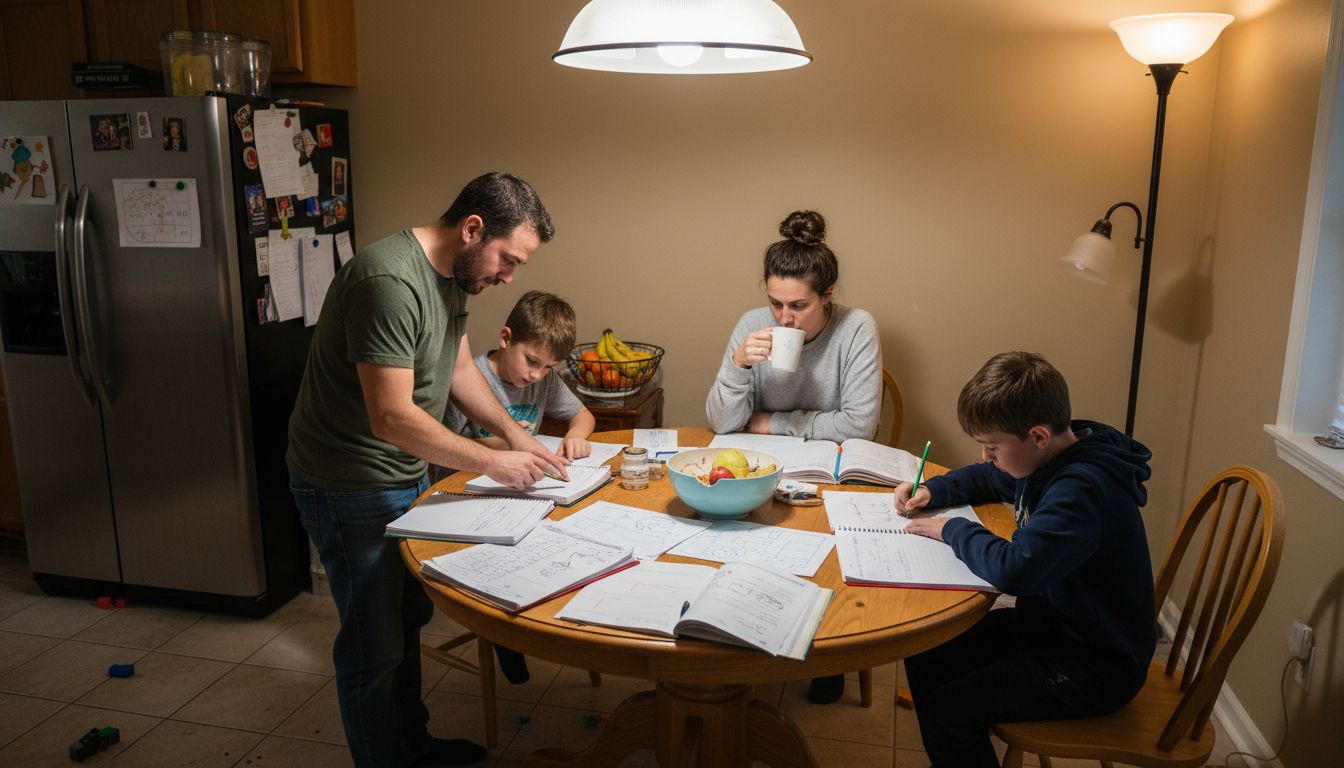 Family in kitchen with ambient lighting