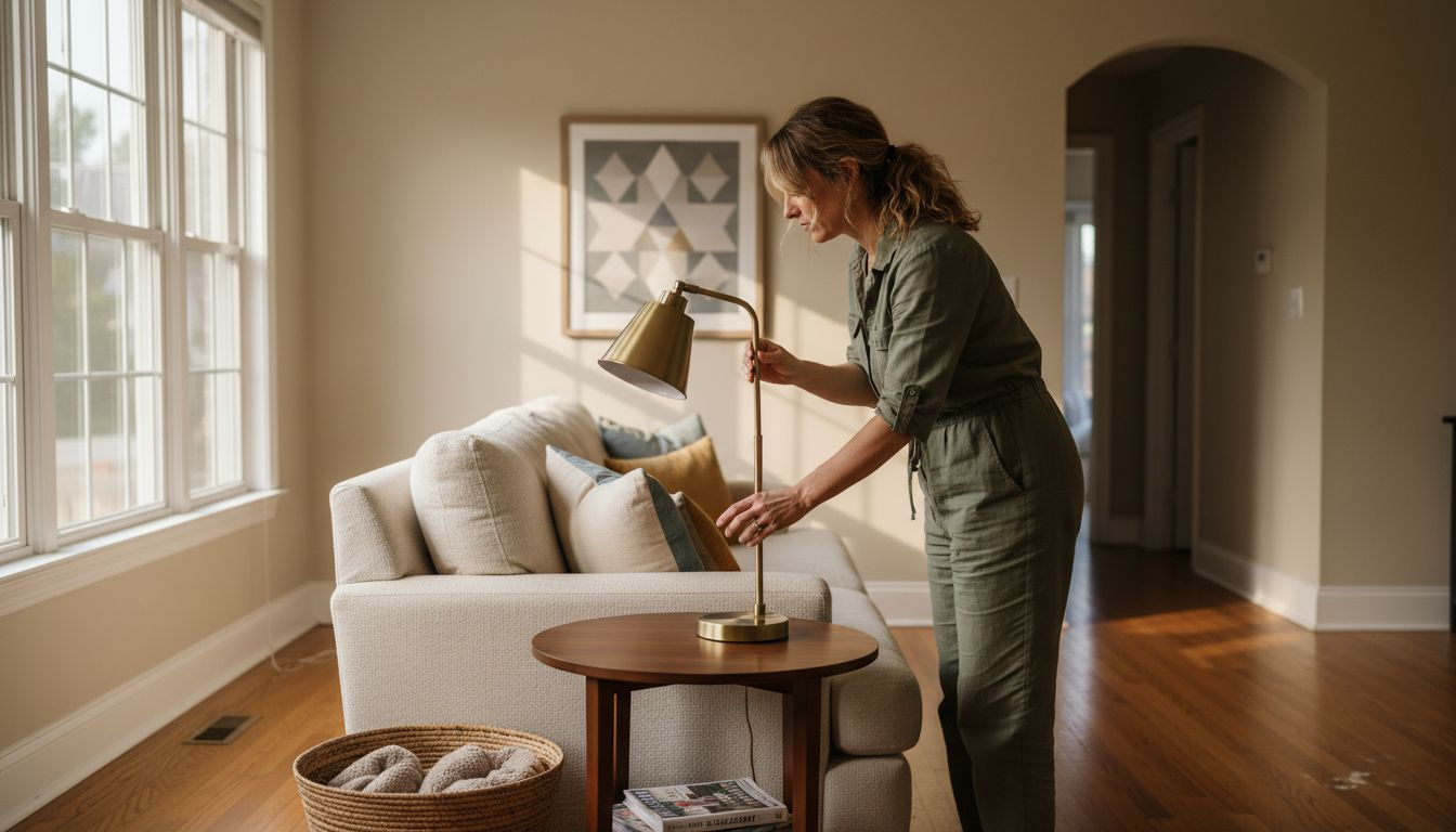 Woman adding accessories to neutral living room