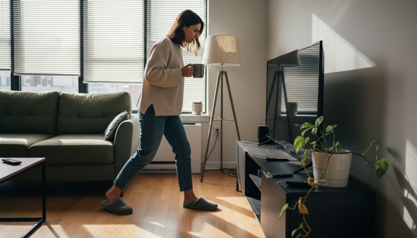 Woman walking clear path in tight living room