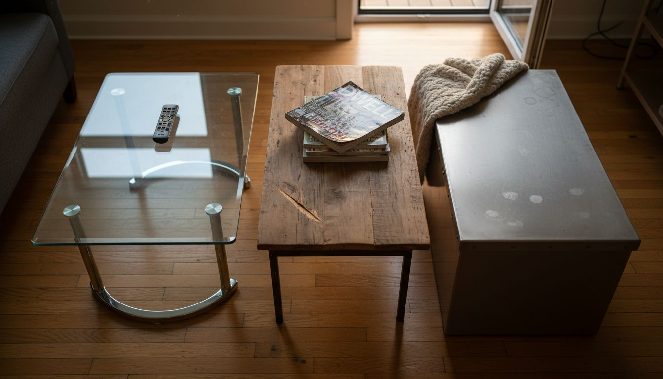 Three coffee tables in different styles and materials