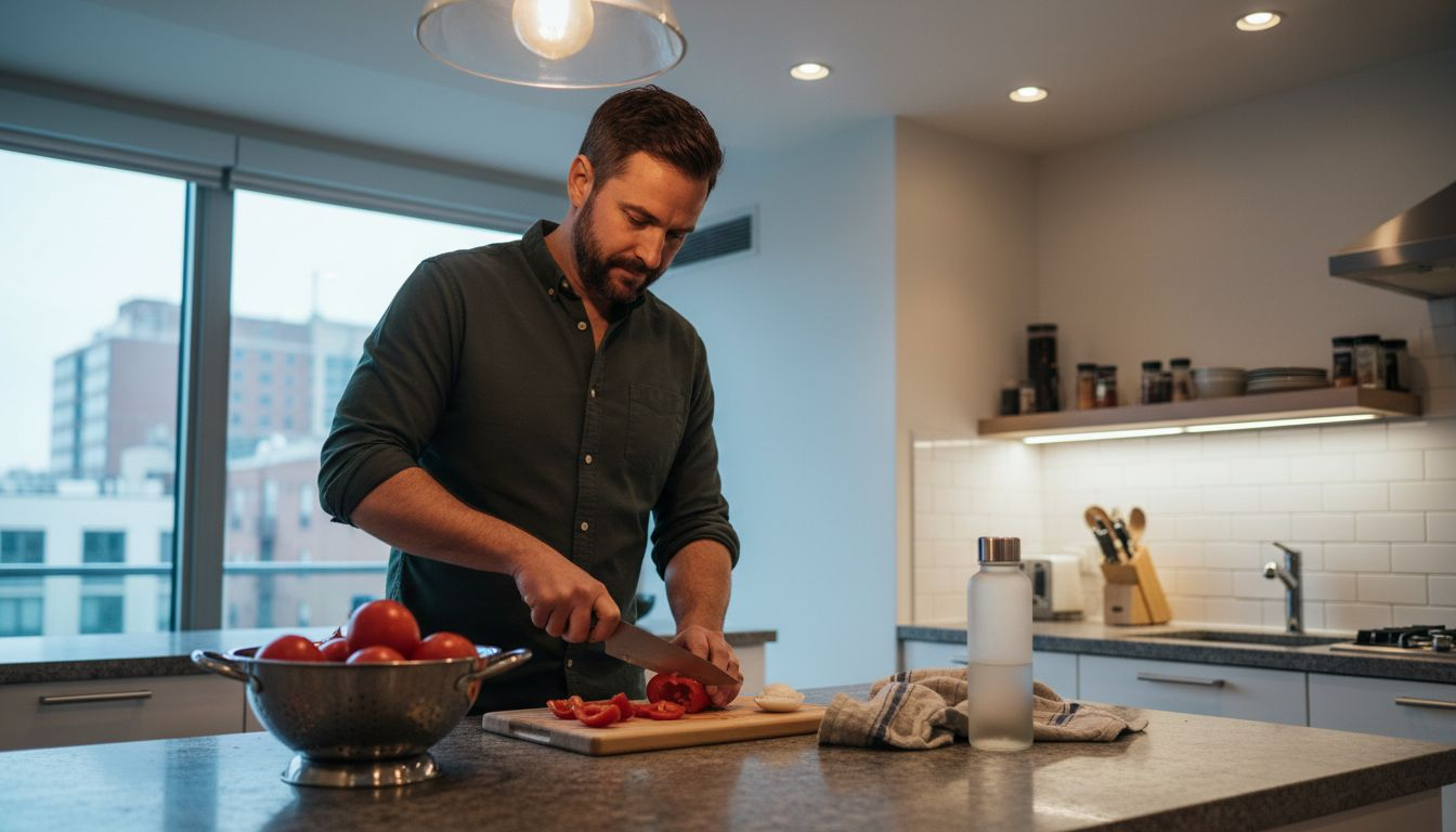 Man preparing food under layered kitchen lighting