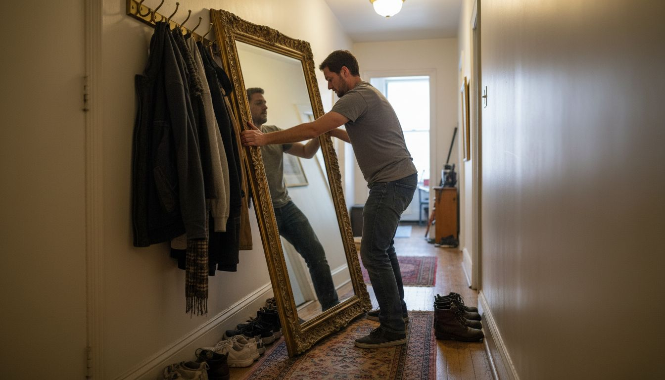 Man fitting oversized mirror in narrow hallway