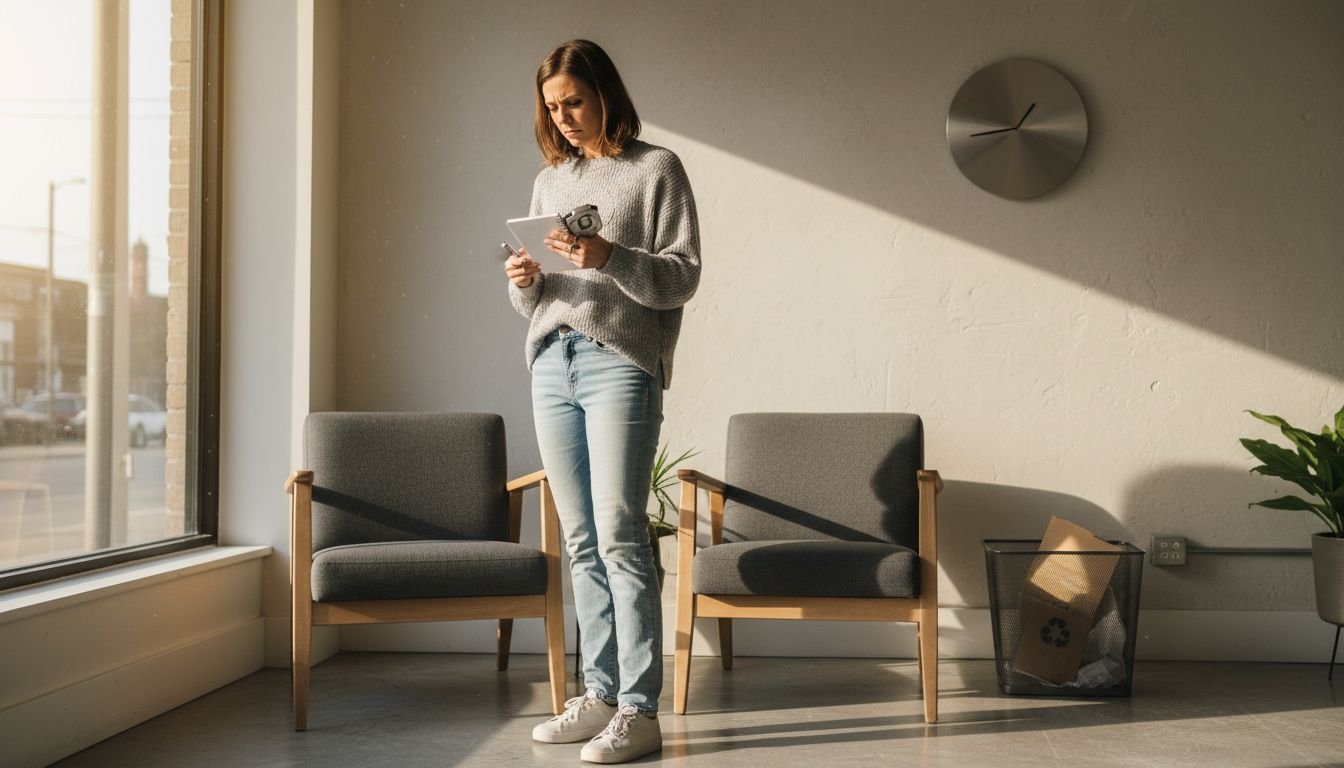 Customer examines modern chairs in bright showroom