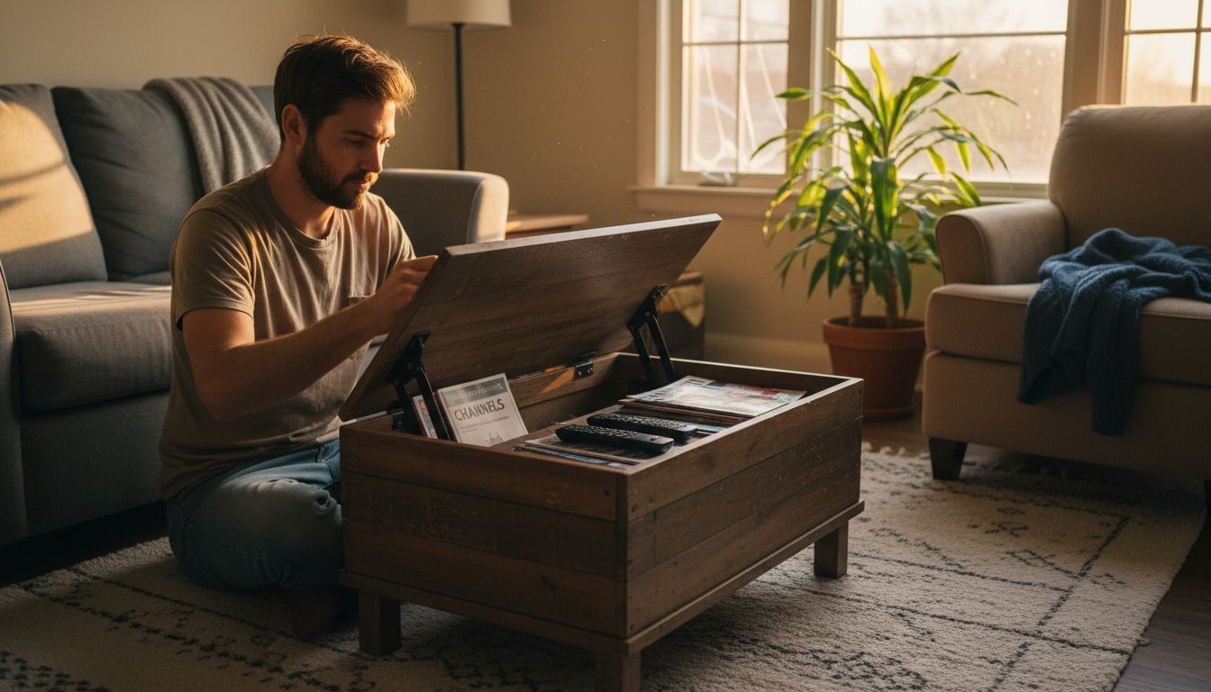 Man using storage coffee table in living room