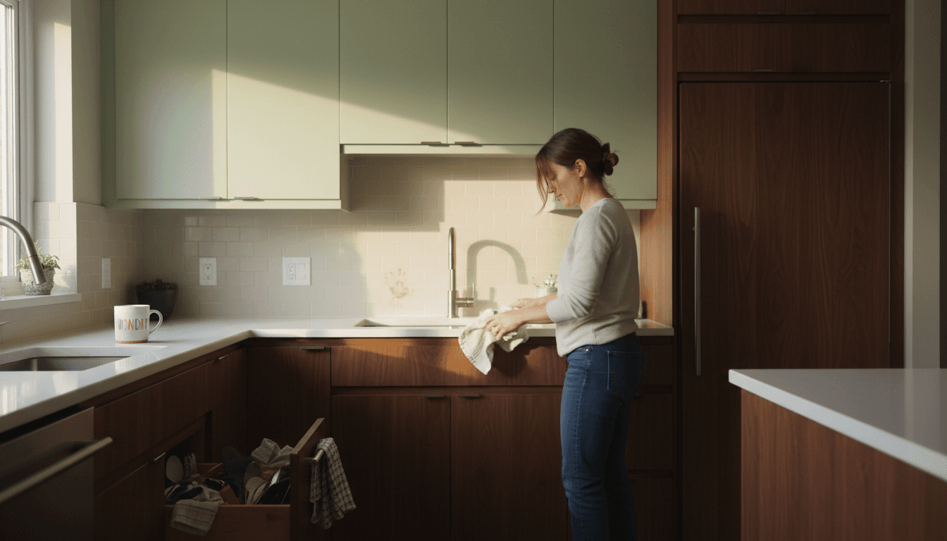 Two-tone kitchen cabinets with homeowner cleaning