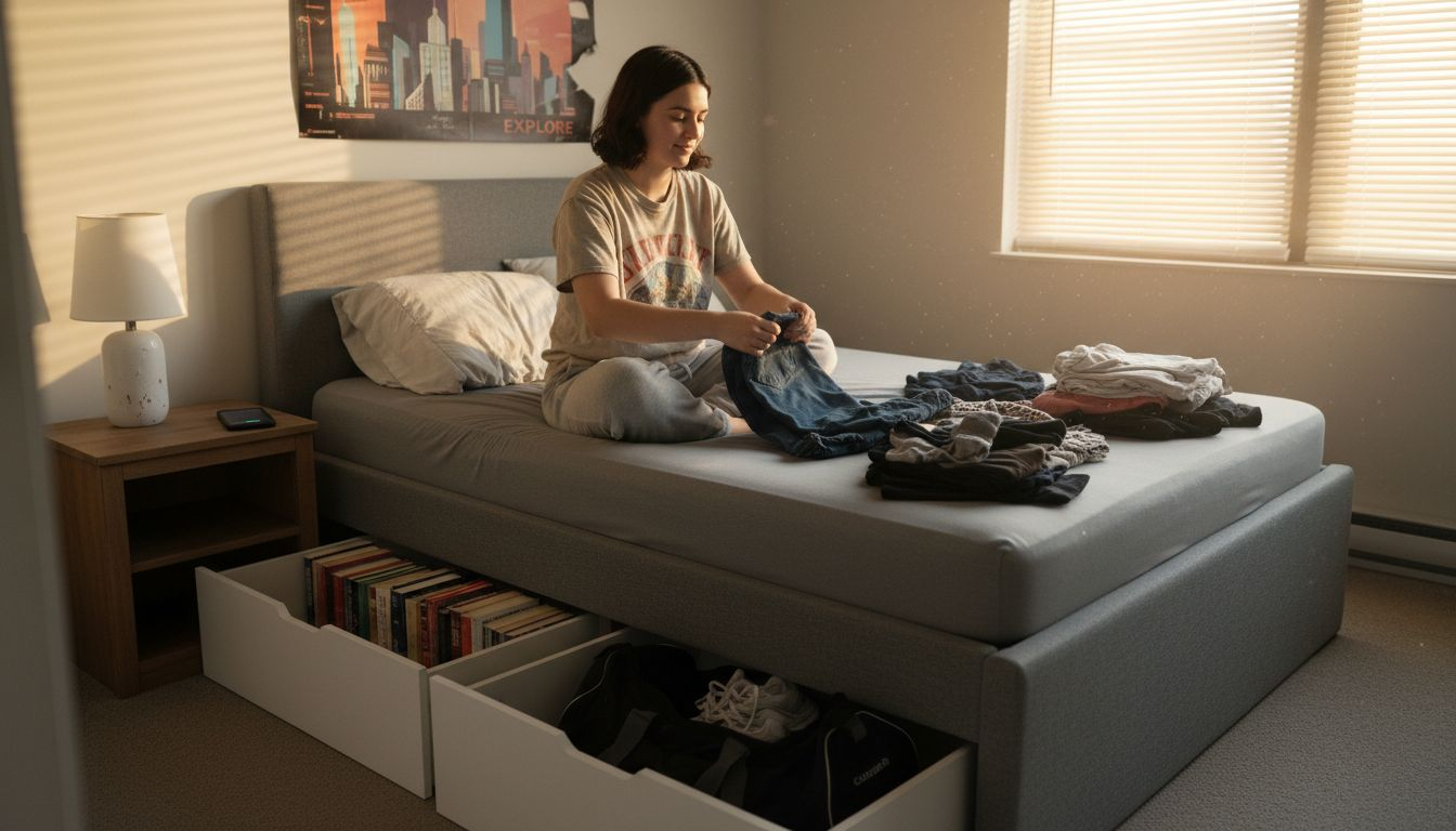 Student sorting laundry on multifunctional bed